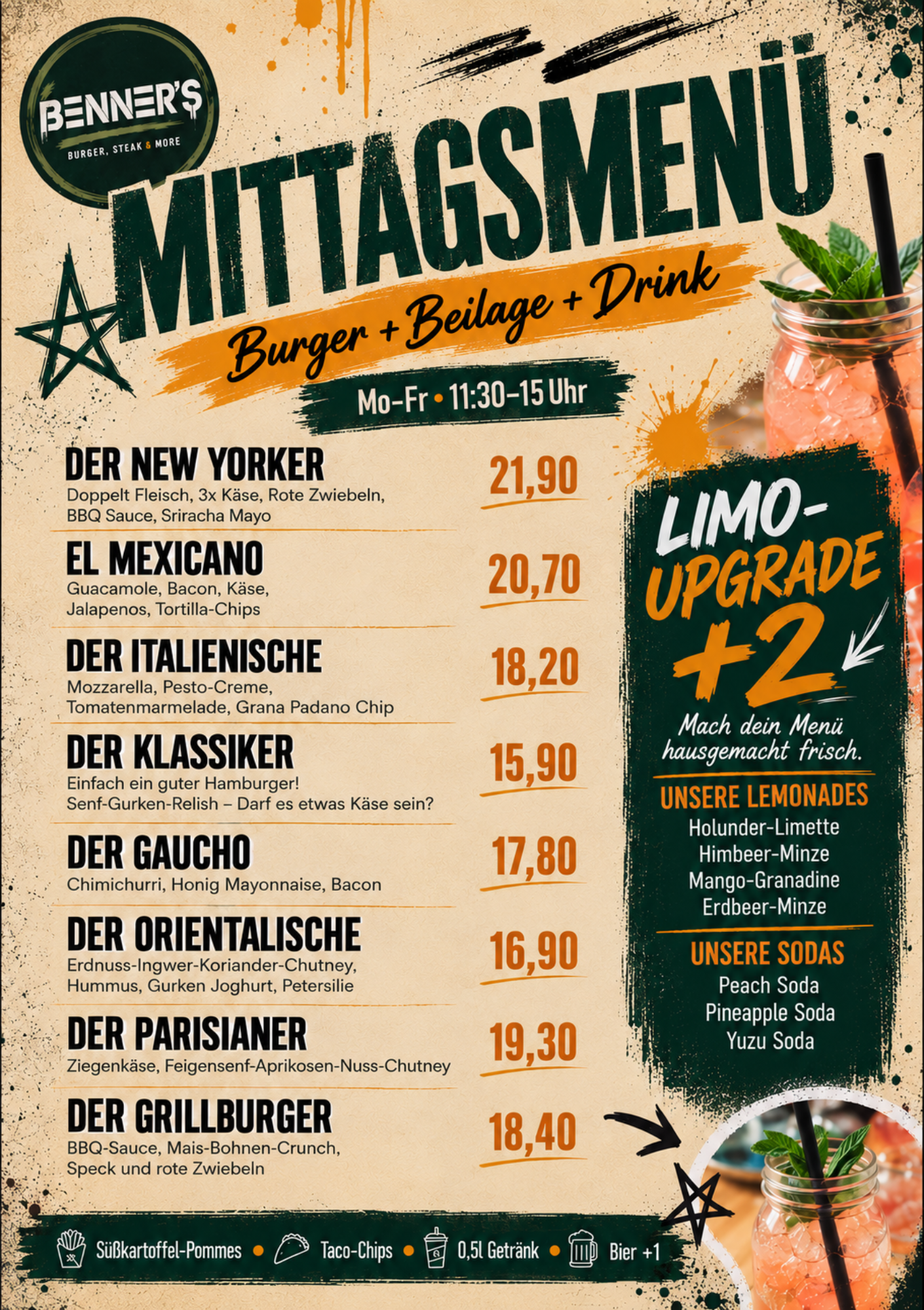 Benner’s Mittagsmenü in Ingolstadt mit Burger, Beilage und Drink